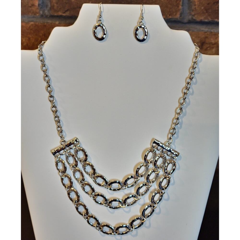 Silver Tone Multi-layered Chain Necklace & Earrings with Bold Interlocking Links